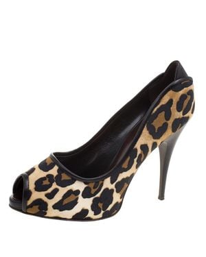 Giuseppe Zanotti Leopard Print Canvas Peep Toe Pumps - Black