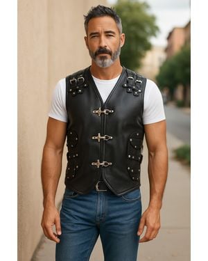 Infinity Leather Biker Leather Waistcoat Metal Buckles Vest - Black