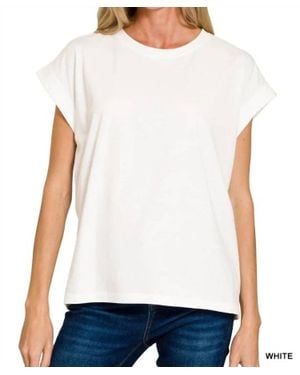 Zenana Round Neck Folded Short Sleeve T-Shirt - White