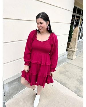 ..,merci Square Neckline Smocked Bodice Tiered Ruffle Dress - Pink