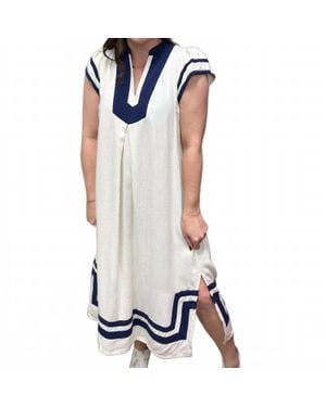 Umgee Linen Cotton Contrast Neckline Midi Dress - White
