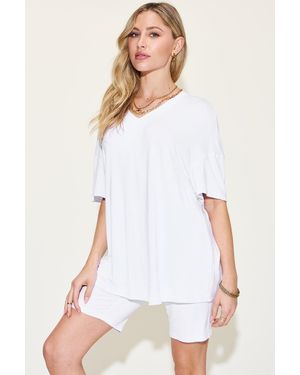 TRUEDAMES Full Size V-Neck Drop Shoulder T-Shirt And Shorts Set - White