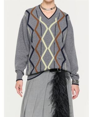 Plan C Long Sleeve Intarsia Crew Neck Knit Sweater - Gray