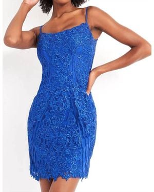 Jovani Embroidered Scoop Neck Fitted Dress - Blue