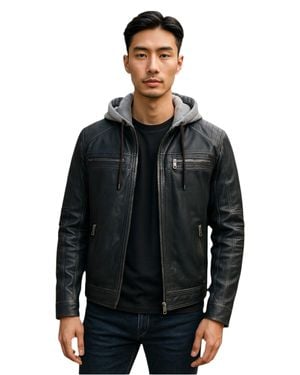 Infinity Leather Hooded Biker Lamb Leather Jacket - Black