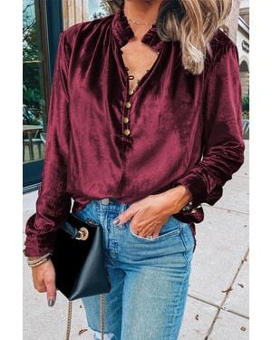 TRUEDAMES Burgundy Frilled Neck Buttoned Front Velvet Top - Red