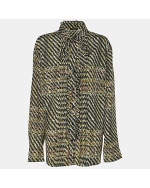 Elena Miro Tweed Print Crepe Pintuck Neck Tie Shirt - Green