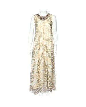 Roberto Cavalli Printed Silk Chiffon Embellished Neck Detail Sleeveless Dress - Natural