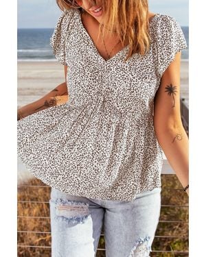 Shiying Fashion Leopard Flutter Sleeve Babydoll Top - Gray