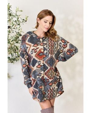 TRUEDAMES Full Size Printed Button Up Hooded Jacket - Multicolor