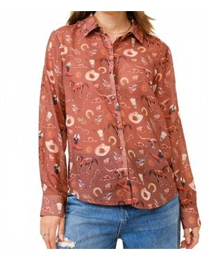 Blue B Western Print Chiffon Button Up Blouse - Red