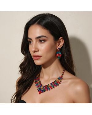 Fashnzfab Marquise Stone Cluster Embellished Evening Necklace - Brown
