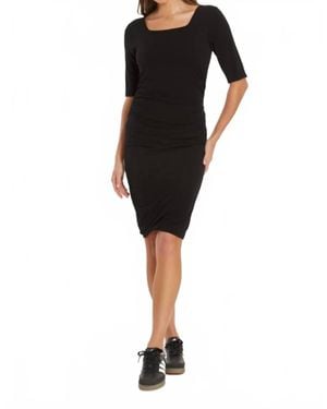 Mod-o-doc Elbow Sleeve Below The Knee Ruched Dress - Black
