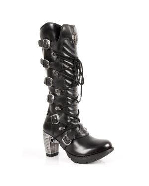 New Rock Ladies Buckle Laced Knee-High Boots- Tr004-S1 - Black