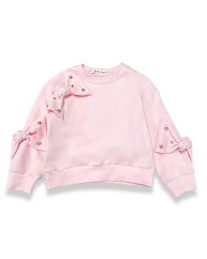 Doe A Dear Girl's Rhinestone Bow Long Sleeve Pullover - Pink