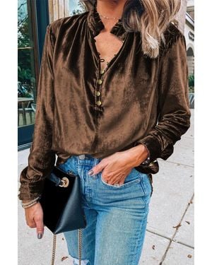 TRUEDAMES Desert Palm Frilled Neck Buttoned Front Velvet Top - Multicolor