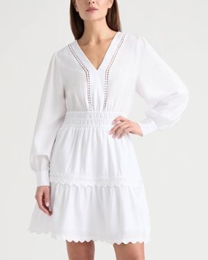 Ellen Tracy Long Sleeve Dress With Flounce Hem - White