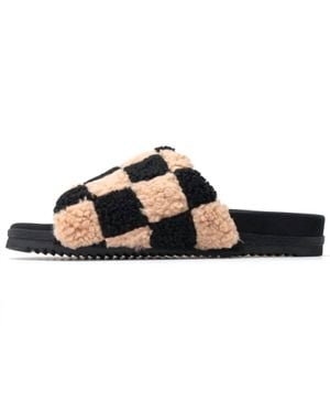 Roam Fuzzy Faux Shearling Checker Sliders - Brown