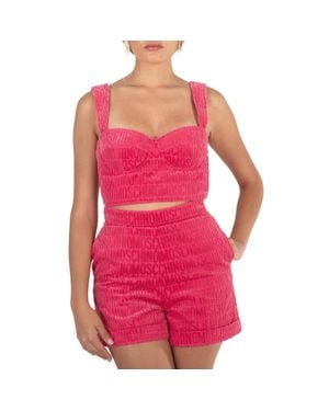 Moschino Fantasy Print Fucsia All-Over Logo Crop Top - Pink