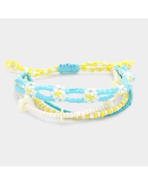 Fashnzfab Flower Threaded Shell Piece Pointed Beaded Adjustable Cinch Pull Tie Bracelet - Blue