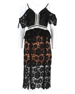 NJ COUTURE Floral Lace Midi Dress With Off-The-Shoulder Sleeves - Black