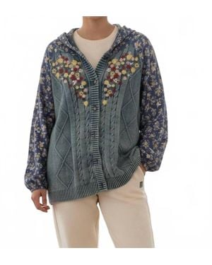 Pol Embroidered Cable Knit Floral Hoodie Cardigan - Gray