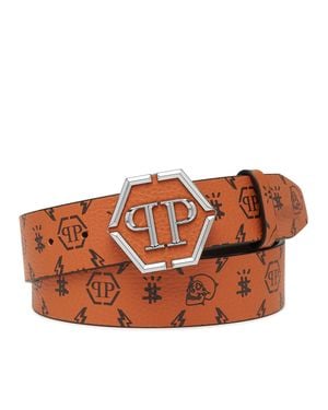 Philipp Plein Leather Belt Monogram - Brown