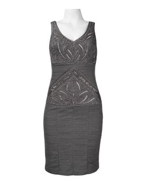 Sue Wong V-Cut Neck Ribbon Ruched Cocktail Dress - Gray