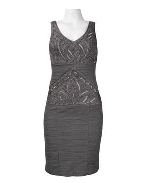 Sue Wong V-Cut Neck Ribbon Ruched Cocktail Dress - Gray