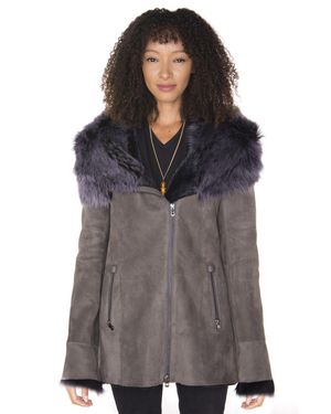 Infinity Leather Suede Hooded Merino Sheepskin Coat-Romsey - Gray
