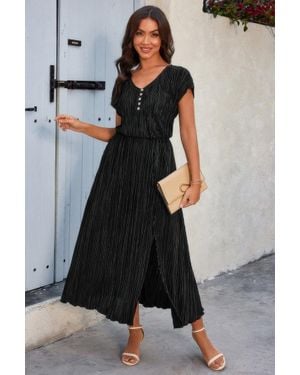 TRUEDAMES Solid V Neck Button Elastic Waist Pleated Dress - Black