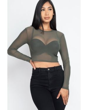 TRUEDAMES Sexy Sheer Mesh Long Sleeve Crop Top - Green