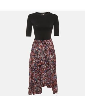 Maje Floral Print Jersey And Crepe Flared Midi Dress - Black