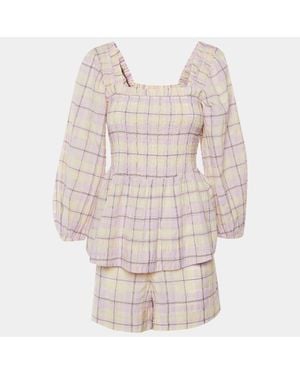 Ganni Lilac Checked Cotton Peplum Top & Shorts Set - Purple