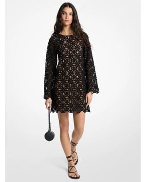 Michael Kors Crochet Crewneck Long-sleeve Mini Dress - Black