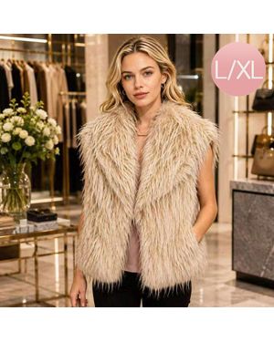 TRUEDAMES Shaggy Plush Faux Fur Open Front Front Collar Winter Vest - Natural