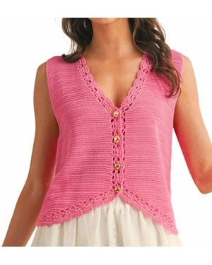 Anniewear Crochet Trimmed Button Down Sweater Vest - Pink