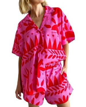 Esea 2Pc Linen-Blend Shirt & Short Set - Red