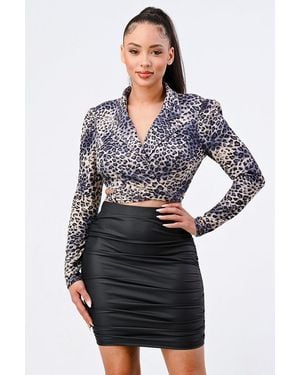 TRUEDAMES Sexy Animal Print Collared Back-Tie Wrap Top - Black
