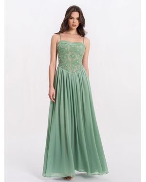 Miss Circle Ucille Sage Embroidered Chiffon Maxi Dress - Green