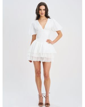 Miss Circle Caitlyn Bubble Sleeve Layered Mini Corset Dress - White