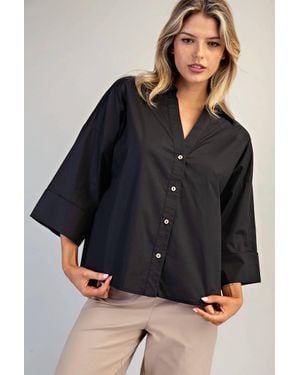 Eesome Back Pleat Button Down Blouse Top - Black