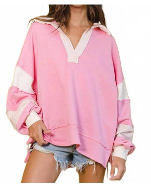 Bucketlist French Terry Knit Color-Block Collared Loose Fit Top - Pink