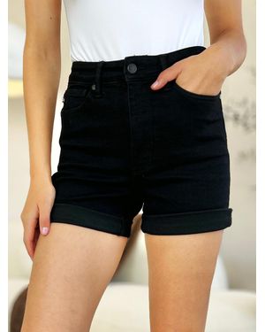 TRUEDAMES Full Size High Waist Tummy Control Cuffed Denim Shorts - Black