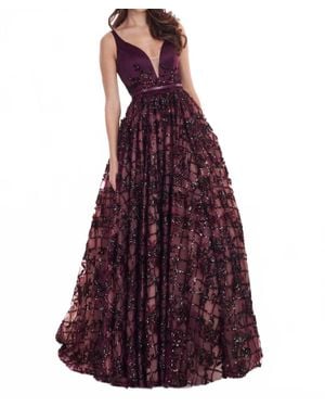 Rachel Allan Floral Sequin Satin Prom Gown - Purple