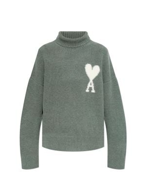 Ami Paris Turtleneck Sweater With Ribbed Details And Heart Logo - Green
