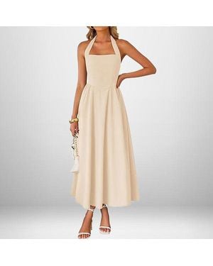 TRUEDAMES Summer Fashion Temperament Wide Suspender Neck Halter Dress - Natural