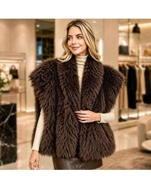 TRUEDAMES Oversized Shaggy Plush Faux Fur Open Front Winter Vest - Brown