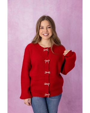 Main Strip Pearl Bow Embellished Cardigan - Red