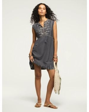 Lucky Brand Embroidered Yoke Notch Neck Mini Dress - Blue